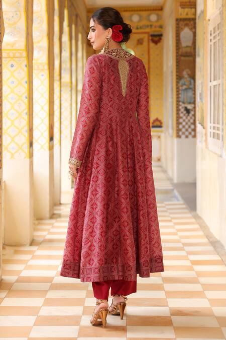 Label Niti Bothra_Maroon Silk, , Silk, Organza Zari, Printed Anarkali Set _at_Aza_Fashions