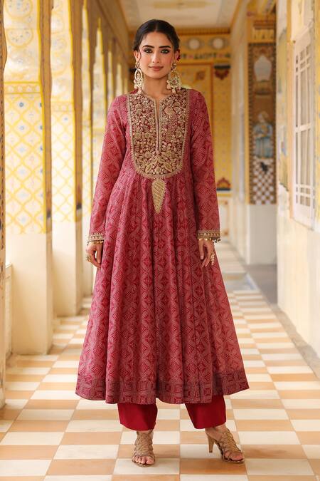 Buy_Label Niti Bothra_Maroon Silk, , Silk, Organza Zari, Printed Anarkali Set 
