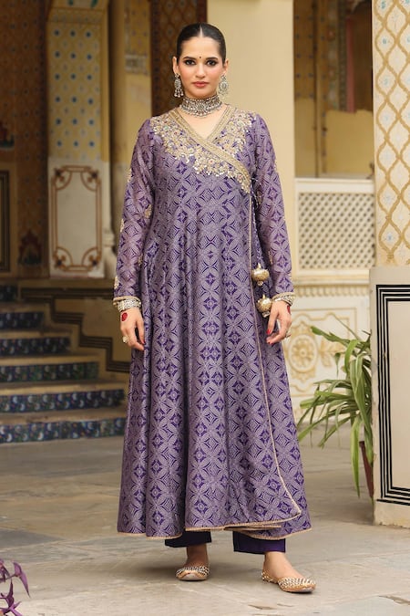 Label Niti Bothra_Purple Silk, , Silk, Organza Embroidery, Printed Angarkha Set _Online_at_Aza_Fashions