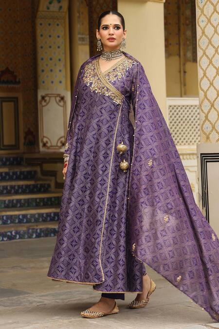 Buy_Label Niti Bothra_Purple Silk, , Silk, Organza Embroidery, Printed Angarkha Set _Online_at_Aza_Fashions