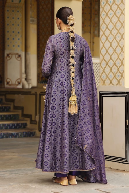 Shop_Label Niti Bothra_Purple Silk, , Silk, Organza Embroidery, Printed Angarkha Set _at_Aza_Fashions