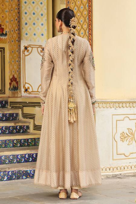 Buy_Label Niti Bothra_Ivory Chanderi Silk, Organza Embroidery, Sequins, Printed Heavy Angarkha Set _Online_at_Aza_Fashions