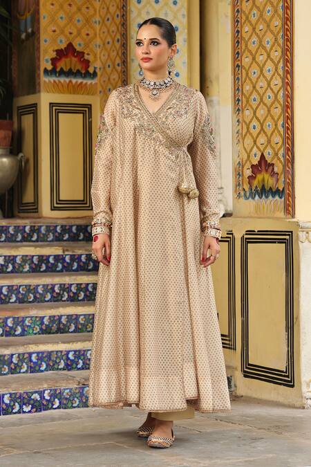 Shop_Label Niti Bothra_Ivory Chanderi Silk, Organza Embroidery, Sequins, Printed Heavy Angarkha Set _Online_at_Aza_Fashions