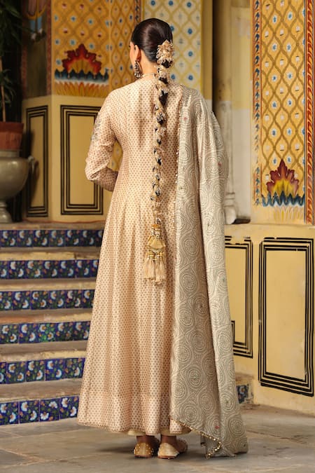 Shop_Label Niti Bothra_Ivory Chanderi Silk, Organza Embroidery, Sequins, Printed Heavy Angarkha Set _at_Aza_Fashions