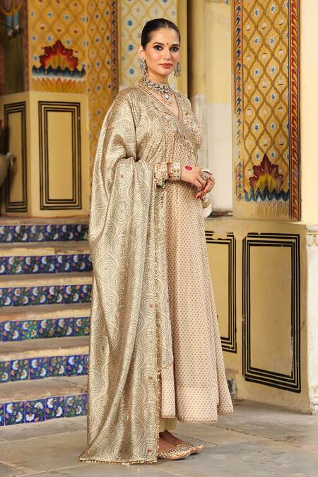 Label Niti Bothra_Ivory Chanderi Silk, Organza Embroidery, Sequins, Printed Heavy Angarkha Set _at_Aza_Fashions