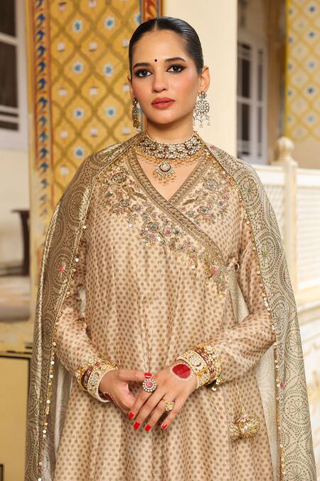 Buy_Label Niti Bothra_Ivory Chanderi Silk, Organza Embroidery, Sequins, Printed Heavy Angarkha Set 