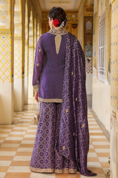 Shop_Label Niti Bothra_Purple Silk, Chanderi, Organza Embroidery, Zari, Stones Printed Sharara Set _at_Aza_Fashions