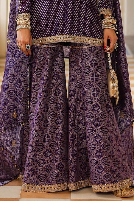 Shop Label Niti Bothra Purple Silk, Chanderi, Organza Embroidery, Zari, Stones Printed Sharara Set Online at Aza Fashions Shop_Label Niti Bothra_Purple Silk, Chanderi, Organza Embroidery, Zari, Stones Printed Sharara Set _Online_at_Aza_Fashions