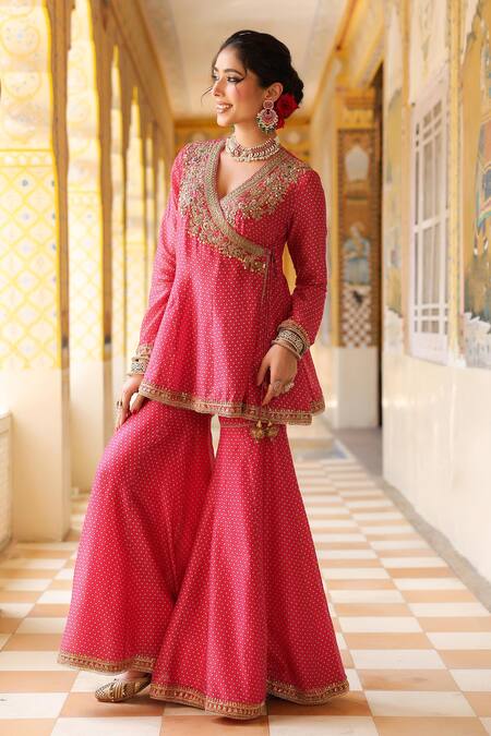 Label Niti Bothra_Pink Silk, , Silk, Organza Printed Angrakha Sharara Set _Online_at_Aza_Fashions