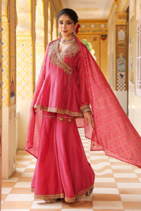 Shop_Label Niti Bothra_Pink Silk, , Silk, Organza Printed Angrakha Sharara Set _Online_at_Aza_Fashions