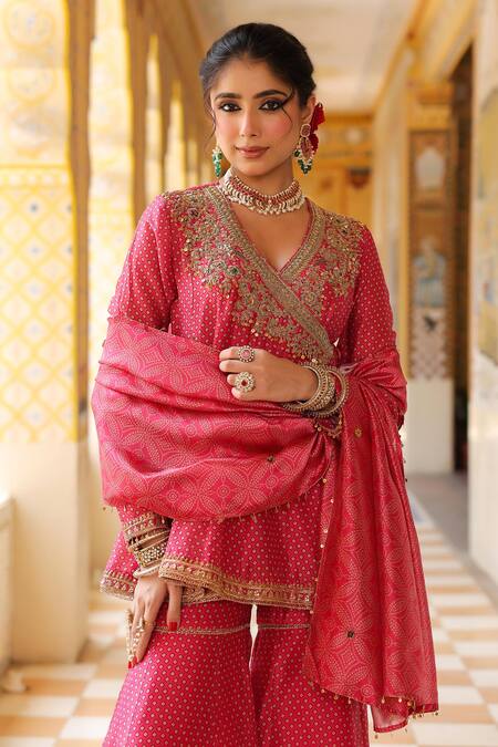Label Niti Bothra_Pink Silk, , Silk, Organza Printed Angrakha Sharara Set _at_Aza_Fashions