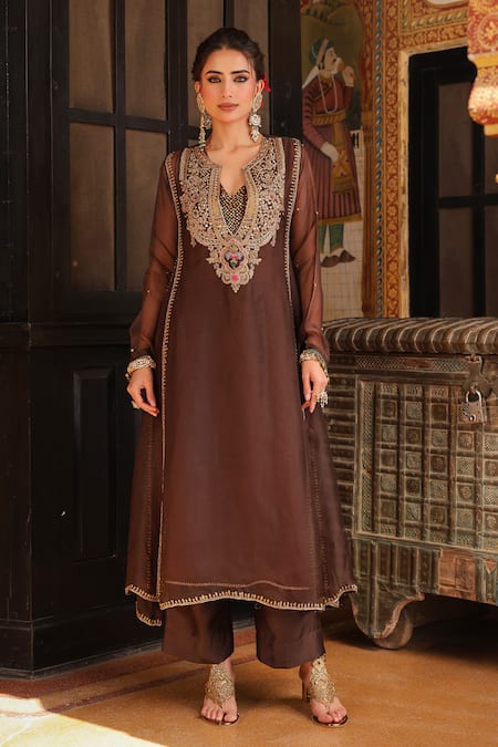Label Niti Bothra_Brown Organza Embroidery, Sequins, Zari Split Pakhi Yoke Pheran Long Kurta Set _Online_at_Aza_Fashions
