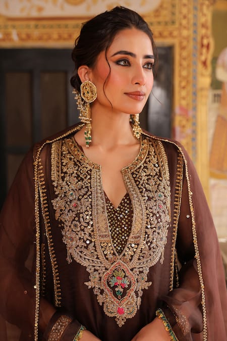 Buy_Label Niti Bothra_Brown Organza Embroidery, Sequins, Zari Split Pakhi Yoke Pheran Long Kurta Set _Online_at_Aza_Fashions