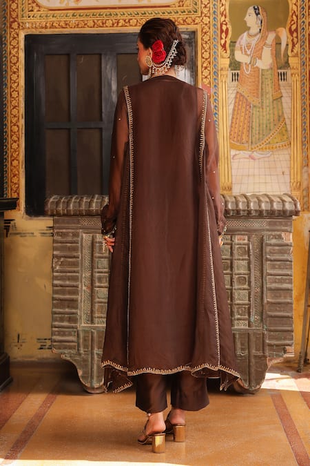 Shop_Label Niti Bothra_Brown Organza Embroidery, Sequins, Zari Split Pakhi Yoke Pheran Long Kurta Set _at_Aza_Fashions