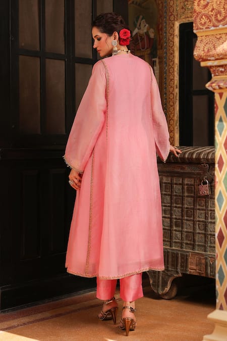 Shop_Label Niti Bothra_Pink Organza Embroidery, Sequins, Zari Split Pakhi Yoke Pheran Long Kurta Set _at_Aza_Fashions