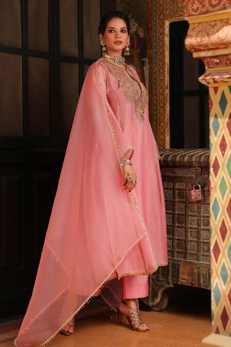 Shop_Label Niti Bothra_Pink Organza Embroidery, Sequins, Zari Split Pakhi Yoke Pheran Long Kurta Set _Online_at_Aza_Fashions
