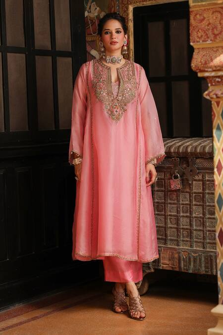 Label Niti Bothra_Pink Organza Embroidery, Sequins, Zari Split Pakhi Yoke Pheran Long Kurta Set _at_Aza_Fashions