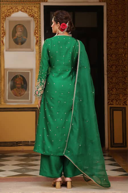 Shop_Label Niti Bothra_Green Silk, Tencel Applique, Zari, Stones Split Embroidered Kurta And Pant Set _at_Aza_Fashions