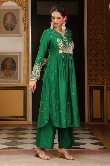 Label Niti Bothra_Green Silk, Tencel Applique, Zari, Stones Split Embroidered Kurta And Pant Set _Online_at_Aza_Fashions