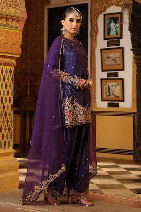 Label Niti Bothra_Purple Silk, Organza Applique, Embroidery, Zari, Sequins Mayur Short Kurta Set _Online_at_Aza_Fashions