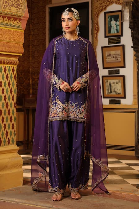 Label Niti Bothra Purple Mayur Applique Short Kurta Set 