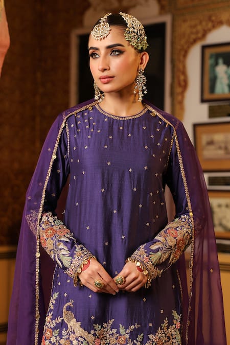 Label Niti Bothra_Purple Silk, Organza Applique, Embroidery, Zari, Sequins Mayur Short Kurta Set _at_Aza_Fashions