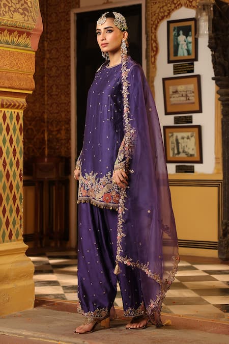 Shop_Label Niti Bothra_Purple Silk, Organza Applique, Zari, Stones, Embroidery Mayur Short Kurta Set _at_Aza_Fashions