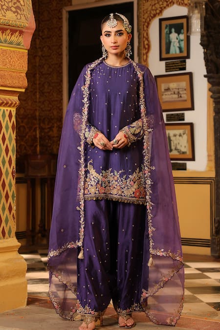 Label Niti Bothra Purple Mayur Applique Short Kurta Set 