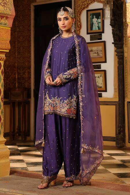 Buy_Label Niti Bothra_Purple Silk, Organza Applique, Zari, Stones, Embroidery Mayur Short Kurta Set _Online_at_Aza_Fashions