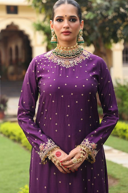 Buy_Label Niti Bothra_Purple Silk, Organza Applique, Embroidery, Zari Round Neck Mayur Kurta Set _Online_at_Aza_Fashions