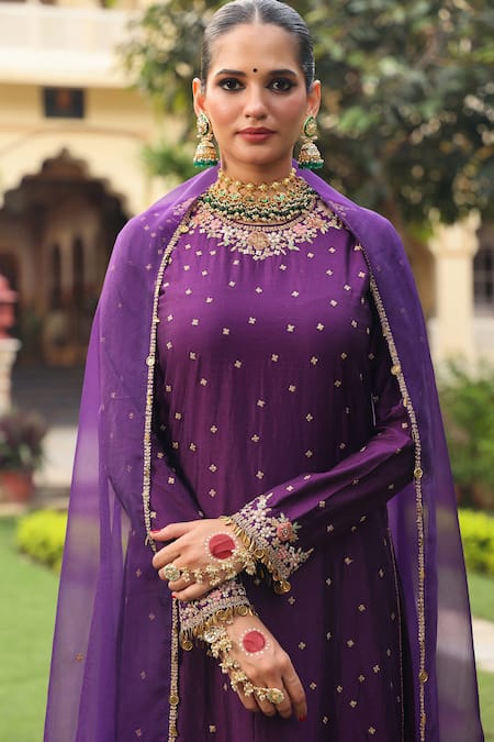 Shop_Label Niti Bothra_Purple Silk, Organza Applique, Embroidery, Zari Round Neck Mayur Kurta Set _Online_at_Aza_Fashions