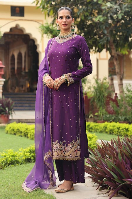 Label Niti Bothra_Purple Silk, Organza Applique, Embroidery, Zari Round Neck Mayur Kurta Set _at_Aza_Fashions
