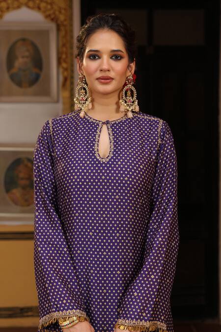Label Niti Bothra_Purple Silk, Tencel, Organza Applique, Embroidery, Printed Mayur Kurta Set _Online_at_Aza_Fashions