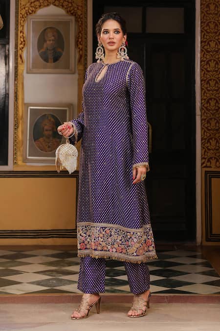 Buy_Label Niti Bothra_Purple Silk, Tencel, Organza Applique, Embroidery, Printed Mayur Kurta Set _Online_at_Aza_Fashions