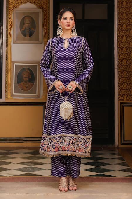 Shop_Label Niti Bothra_Purple Silk, Tencel, Organza Applique, Embroidery, Printed Mayur Kurta Set _Online_at_Aza_Fashions