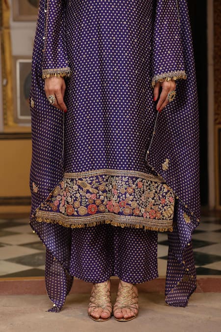 Label Niti Bothra_Purple Silk, Tencel, Organza Applique, Embroidery, Printed Mayur Kurta Set _at_Aza_Fashions
