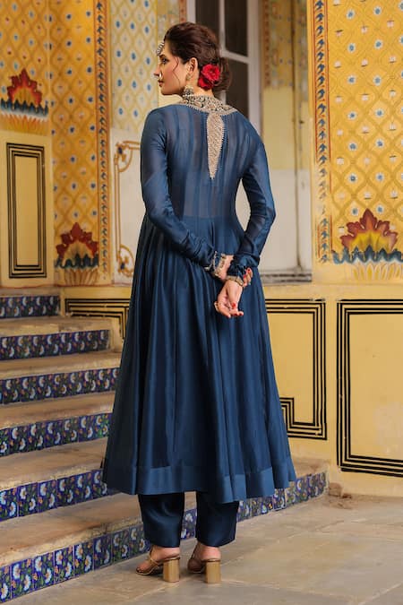 Label Niti Bothra_Blue Chanderi Silk, Organza Embroidery, Zari, Tassels Split V-neck Anarkali Set _Online_at_Aza_Fashions