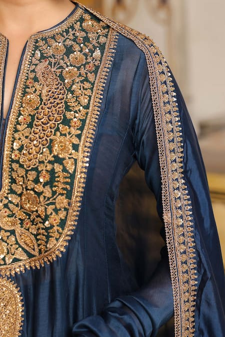 Buy_Label Niti Bothra_Blue Chanderi Silk, Organza Embroidery, Zari, Tassels Split V-neck Anarkali Set _Online_at_Aza_Fashions