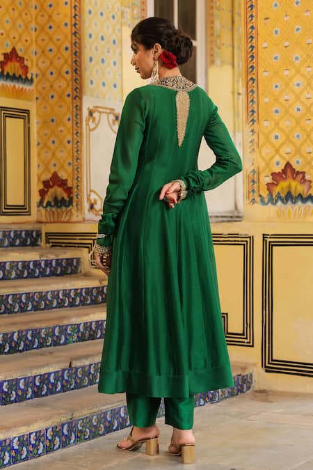 Shop_Label Niti Bothra_Green Silk, Chanderi, Organza Embroidery, Sequins, Zari Anarkali Set _at_Aza_Fashions