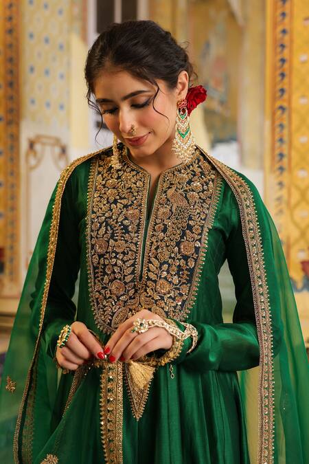 Shop_Label Niti Bothra_Green Silk, Chanderi, Organza Embroidery, Sequins, Zari Anarkali Set _Online_at_Aza_Fashions
