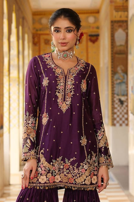 Label Niti Bothra_Purple Silk, , Silk, Organza Embroidery, Beads, Sharara Set _Online_at_Aza_Fashions