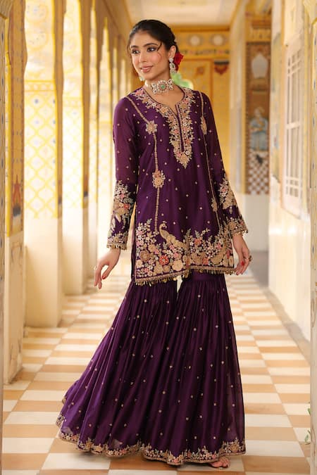Buy_Label Niti Bothra_Purple Silk, , Silk, Organza Embroidery, Beads, Sharara Set _Online_at_Aza_Fashions
