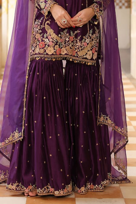 Shop_Label Niti Bothra_Purple Silk, , Silk, Organza Embroidery, Beads, Sharara Set _Online_at_Aza_Fashions