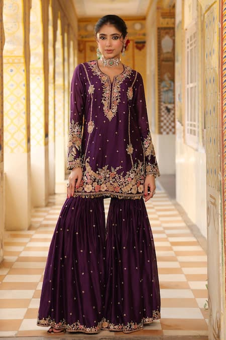 Label Niti Bothra_Purple Silk, , Silk, Organza Embroidery, Beads, Sharara Set _at_Aza_Fashions