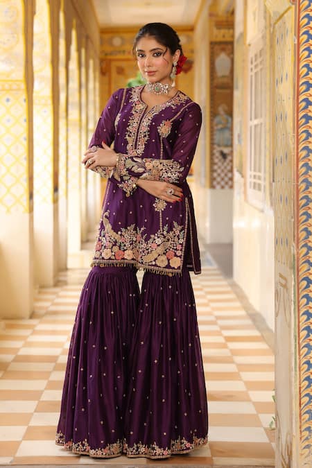 Buy_Label Niti Bothra_Purple Silk, , Silk, Organza Embroidery, Beads, Sharara Set 
