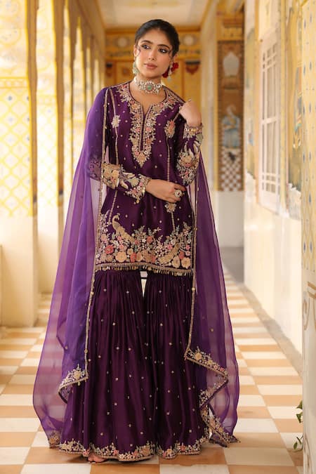 Shop_Label Niti Bothra_Purple Silk, , Silk, Organza Embroidery, Beads, Sharara Set 
