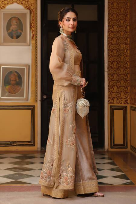 Label Niti Bothra_Ivory Silk, Tencel Embroidery Open , Sweetheart Cape Set _Online_at_Aza_Fashions