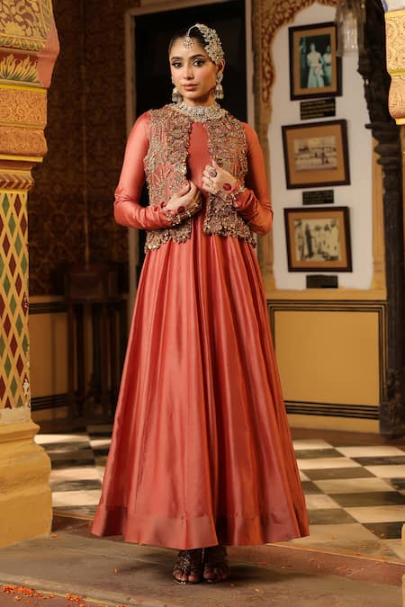 Label Niti Bothra_Rose Gold Chanderi Silk, Silk, Tencel Sequins, Pink Jacket Kalidaar Set _Online_at_Aza_Fashions