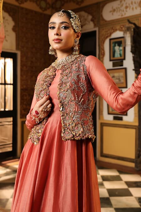 Buy_Label Niti Bothra_Rose Gold Chanderi Silk, Silk, Tencel Sequins, Pink Jacket Kalidaar Set _Online_at_Aza_Fashions