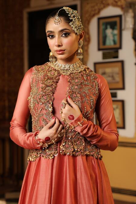 Shop_Label Niti Bothra_Rose Gold Chanderi Silk, Silk, Tencel Sequins, Pink Jacket Kalidaar Set _Online_at_Aza_Fashions